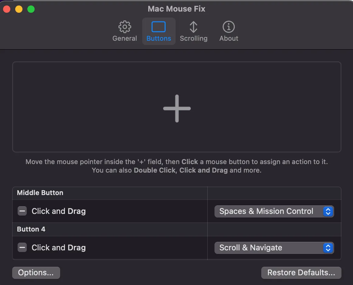 mac-mouse-fix ジェスチャー設定画面